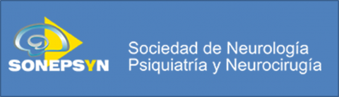 Логотип de la Sociedad de Neurología, Psiquiatría y Neurocirugía, que contiene el dibujo de un cerebro y una flecha amarilla. 