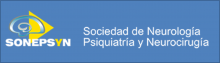 Logo de la Sociedad de Neurología, Psiquiatría y Neurocirugía, que tiene el dibujo de un cerebro y una flecha amarilla. 